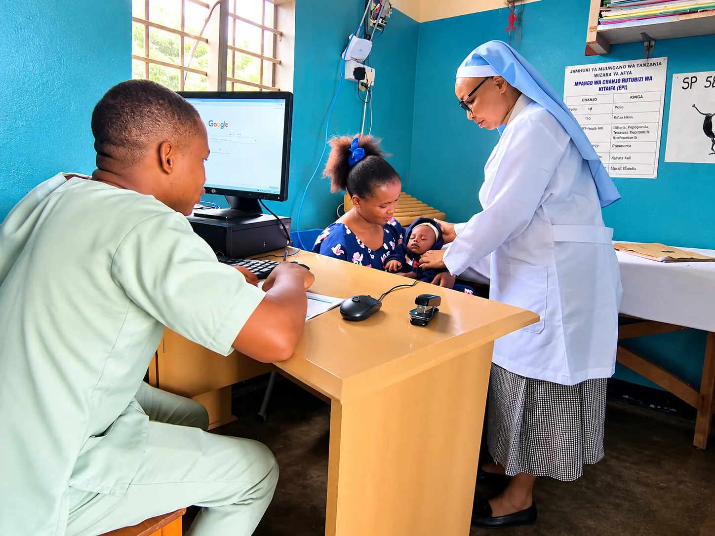 A nurse caring for a mother and baby during a clinic visit